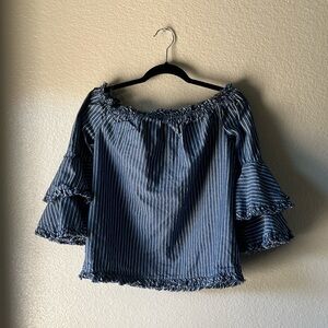 Beige by Eci Stripe Bell Sleeve Blouse  Women Sz L Blue White Off Shoulder Boho